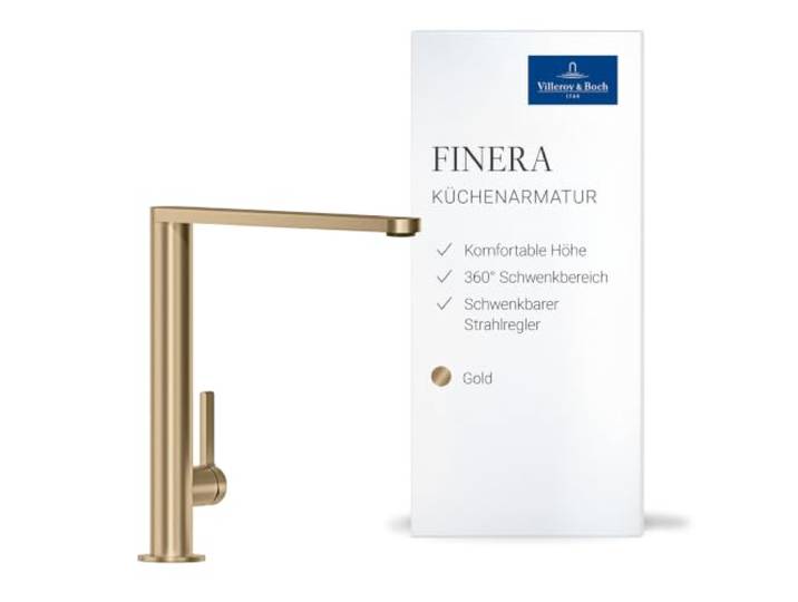 Villeroy & Boch Finera Küchenarmatur, Höhe 251 mm – Gold Hochdruck, Durchflussbegrenzung, Keramikkartusche, 360° Schwenkbereich, 92700003
