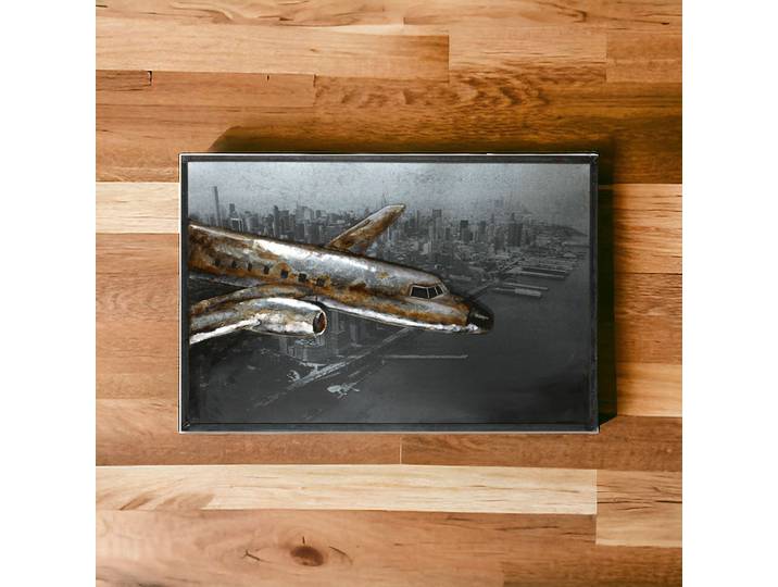 Tableau Relief Avion survolant Manhattan en Métal