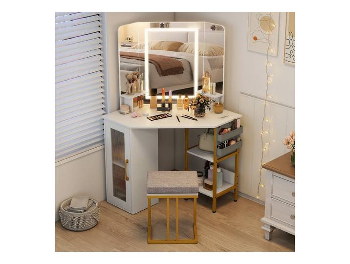 COSTWAY Schminktisch (1-St), Eck-Frisiertisch Set, LED Kosmetiktisch mit Hocker