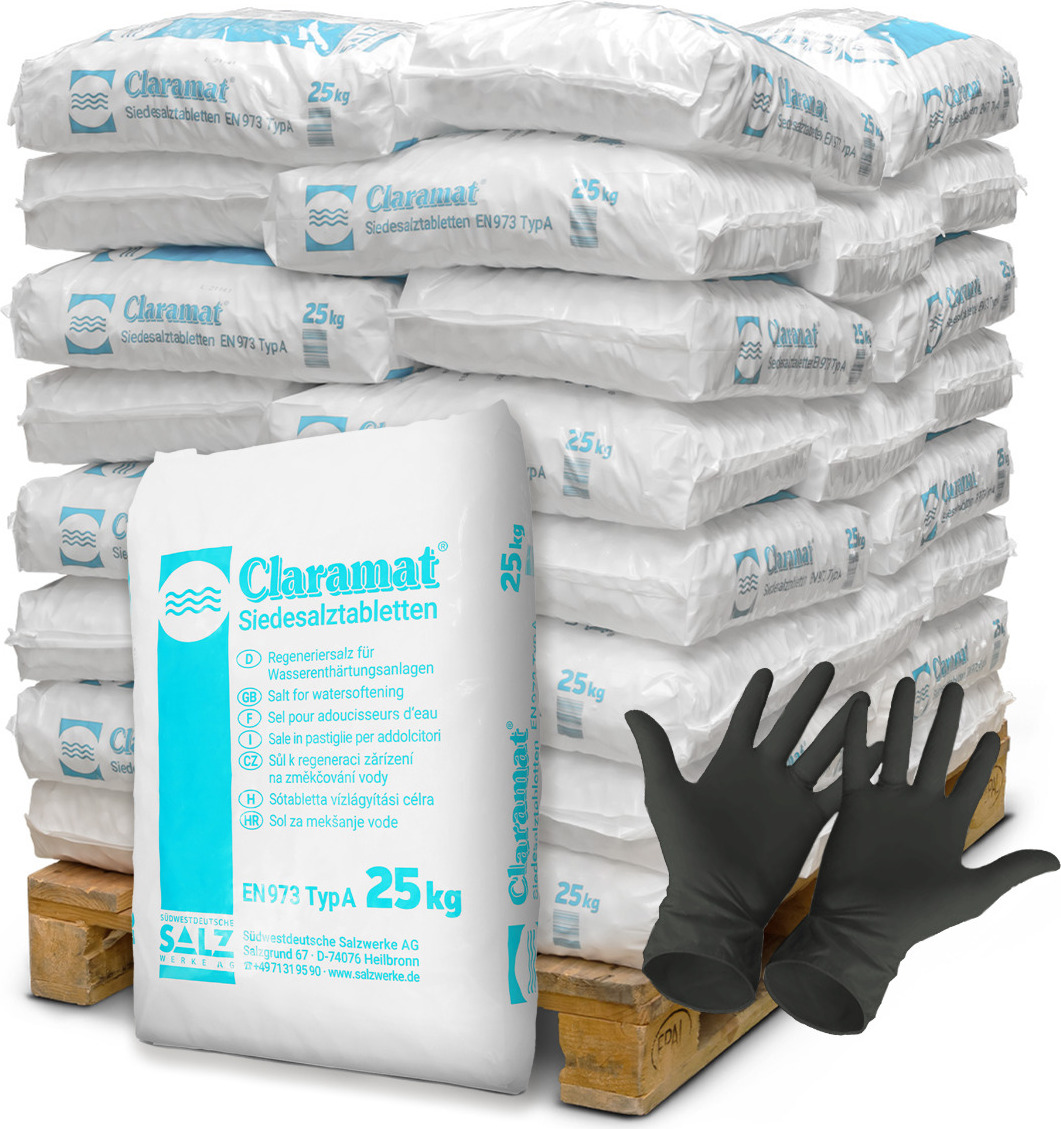 Claramat Siedesalztabletten 1000kg Regeneriersalz inklusiv 1 Paar ARNOMED Einweghandschuh