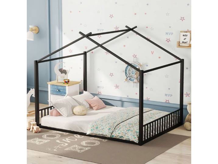 Lit enfant Maisentiel 140x200 cm métal noir maison - cadre en métal robuste 14 lattes capacité 150 kg