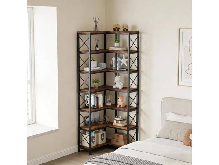 VUENOR Bibliothèque d'angle 60 x 60 x 200 cm noir/marron rustique – 7 étagères