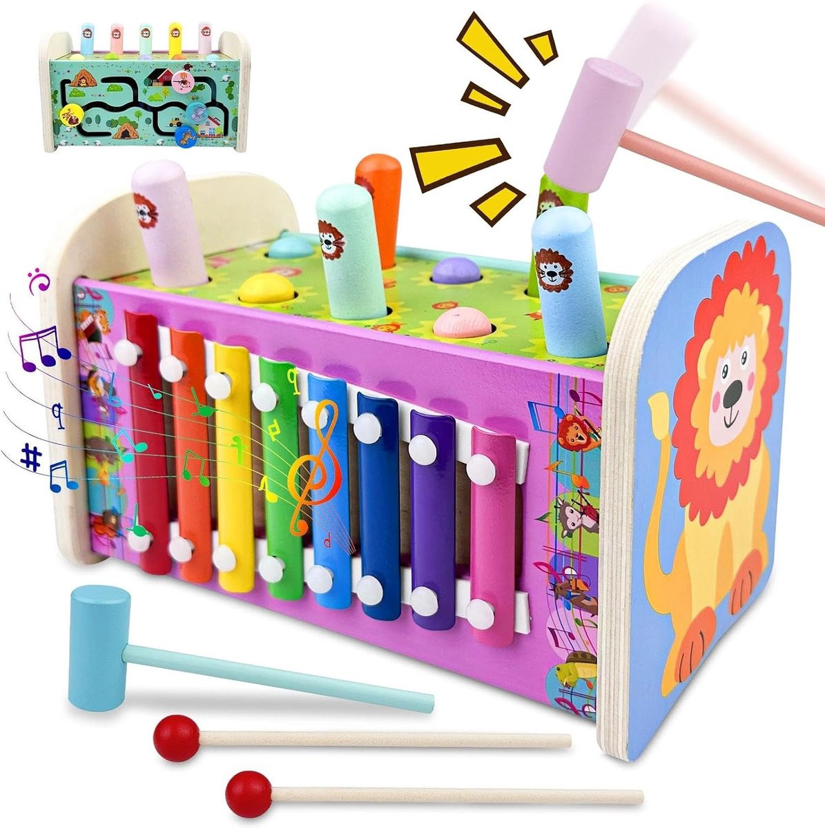 Montessori 3-in-1 Houten Muziekspeelgoed voor Kinderen: Hamerspel, Xylofoon en Klopbank voor Motorische Ontwikkeling
