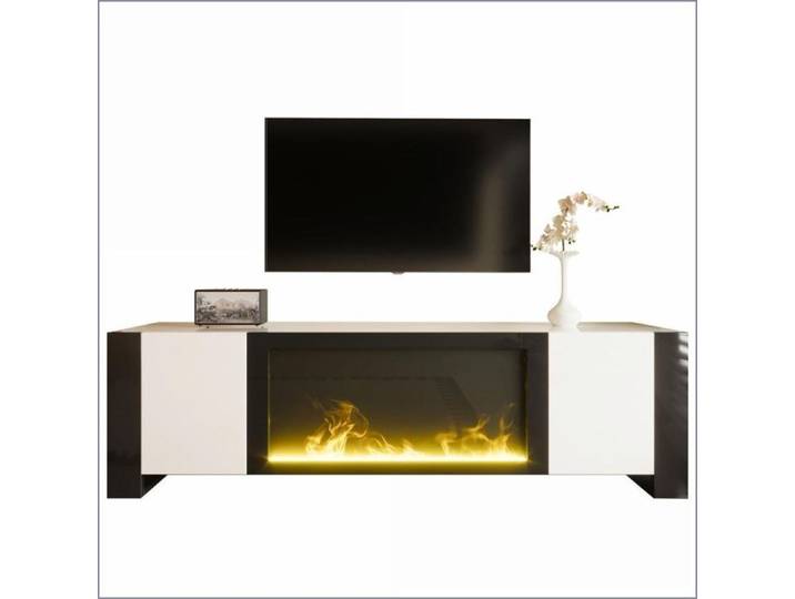 Meubles TV & Divertissement - Lowboard avec Feu Électrique Décoratif - Design Moderne Haute Brillance - Blanc & Noir