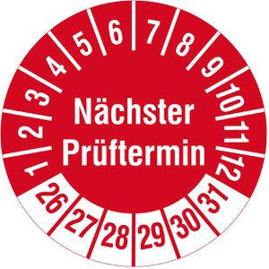 Böttcher-AG Prüfplaketten Nächster Prüftermin, 2026-2031, rot, Ø 20 mm, 1.000 Stück