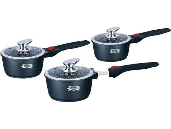 HAUSSMANN Heritage-Serie mit 3 Stieltöpfen, 16/18/20 cm, abnehmbarer Griff, Aluminiumguss, Steinbeschichtung, für alle Herde, auch Induktionsherde – ohne PFOA