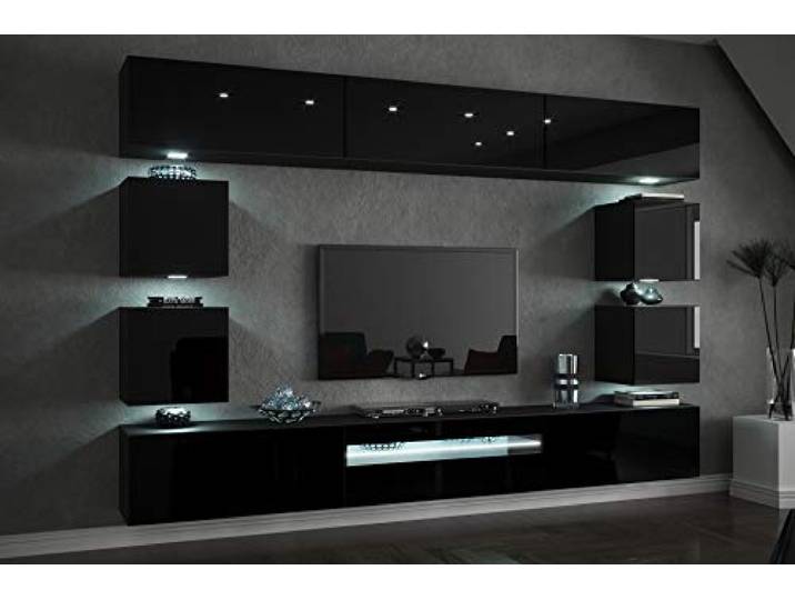 FURNITECH Wohnwand Wohnzimmer - Wohnzimmer Möbel mit LED Blau - Hängend Wohnwand Modern - Wohnzimmer Schrankwand mit Regale und TV Schrank (Future C81-HG-B1 1B - 273 cm)