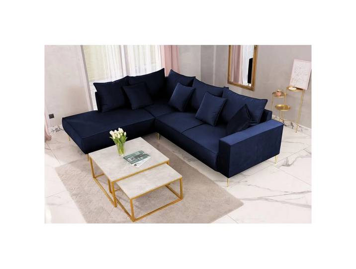 Muffo Ecksofa MONTE, Sitz aus HR-Schaum, hohe goldene Metallbeine, große Anzahl von Zierkissen