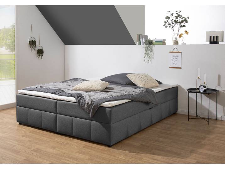 Boxbett, Tonnentaschenfederkern H3, Anthrazit, 204×224 cm, Ohne Kopfteil, Mit Bettkasten, Modern, Home-affaire