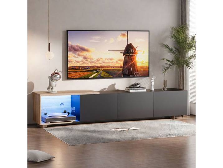 Meuble TV - Modèle moderne et modulaire - 240 cm - 3 tiroirs - Éclairage LED multicolore