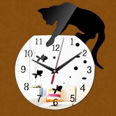 Everyday Crate Cute Cat Mirror Wall Clock DIY Decorative Wall Art For Modern Home Decor silver Black