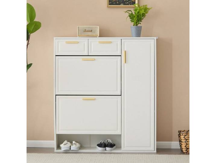 Armoire à chaussures Moderne avec étagères réglables poignées dorées tiroirs armoire à chaussures pliante et portes blanc