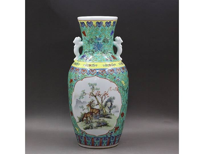 Qing Kangxi Vase en céramique cerf vert sarcelle Longxi grand grand grand Vase chinois Antique Collection Antique porcelaine Antique maison
