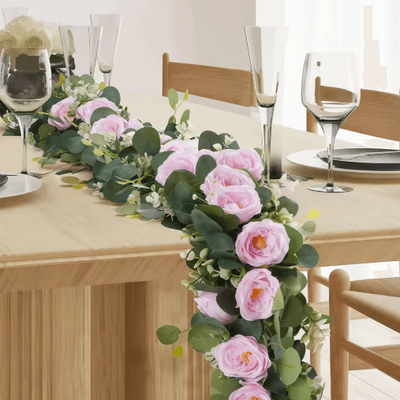Inspire Picks EverBloom Artificial Eucalyptus & Rose Garland 5.9FT Floral Table Runner For Wedding & Home Decor pink 2pcs
