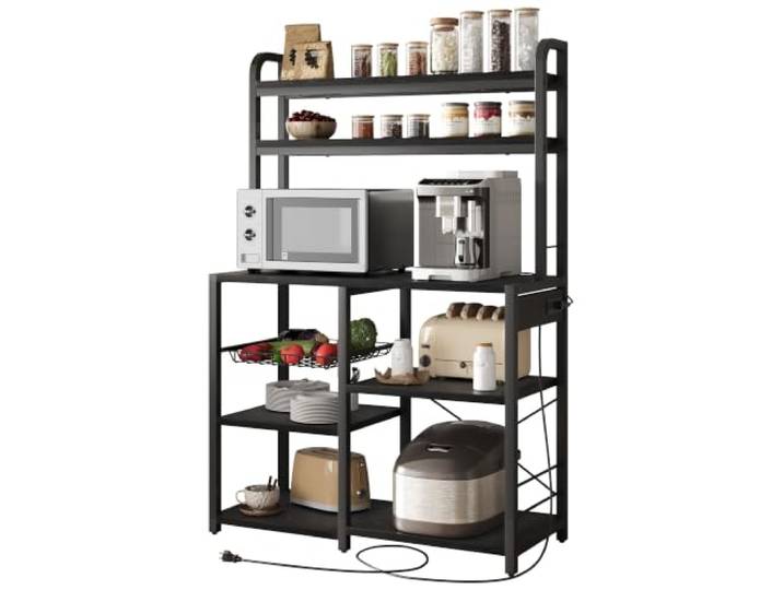 GarveeMore 6-stufiges Küchenregal mit Steckdose – Mikrowellenständer aus Drahtkorb & MDF – Rustikales Sideboard mit großer Ablagefläche – Farbe: Grau