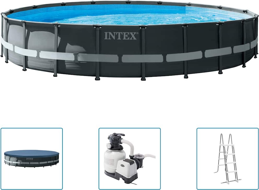 Intex 26334GN, 30100 l, Gerahmter Pool, Kind & Erwachsener, Leiter, Grau, Blau
