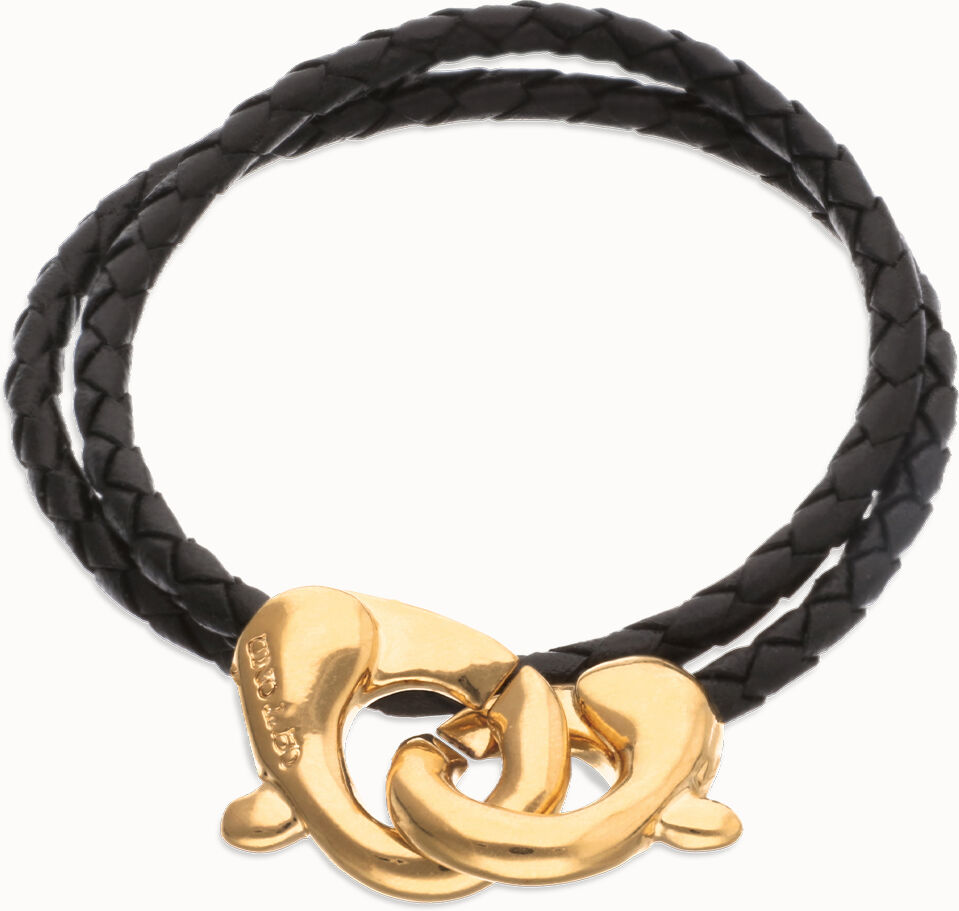 UNOde50 Pulsera de cuero doble negro con mosquetón entrelazado en oro Negro L