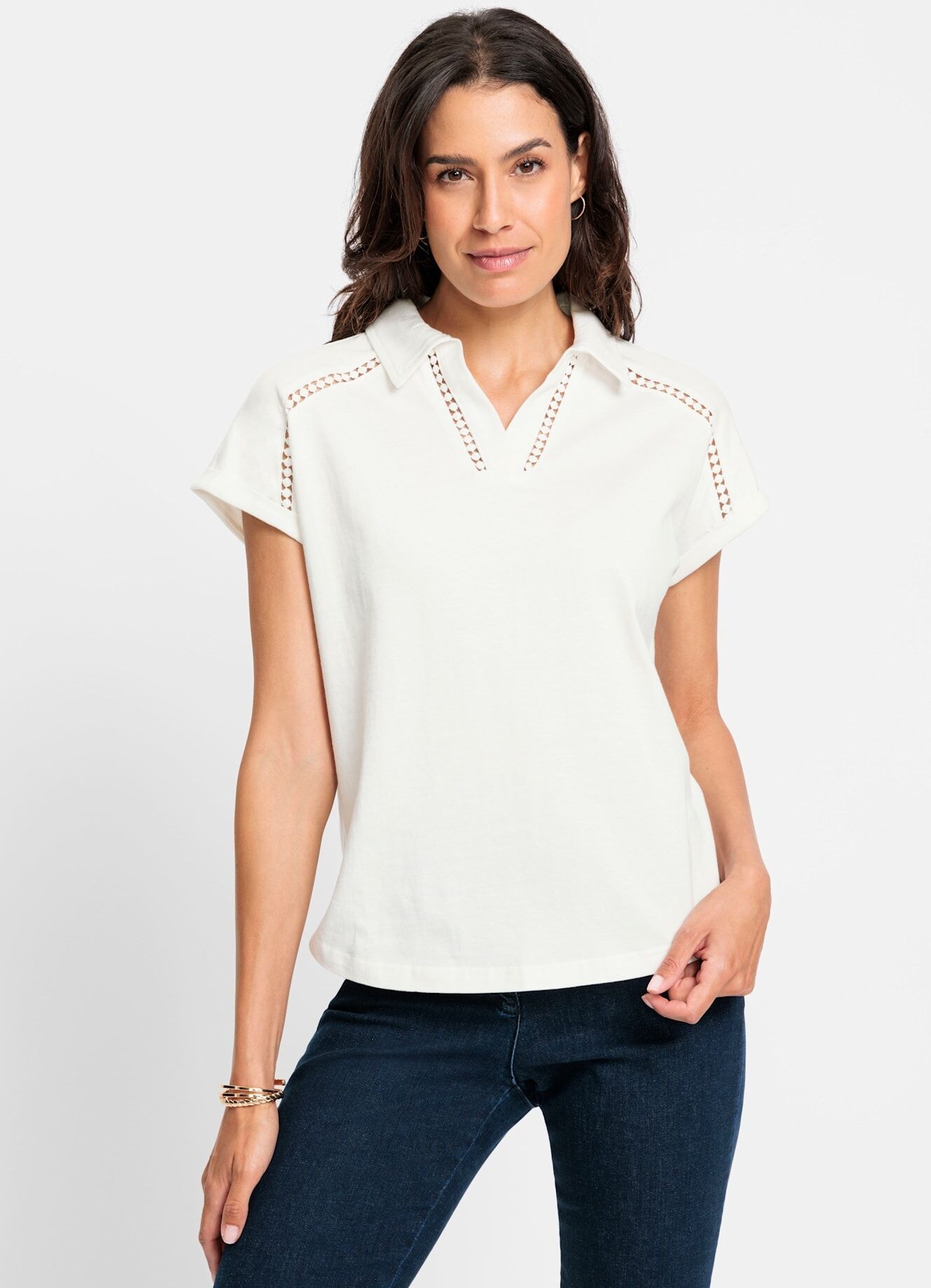 V-Shirt INSPIRATIONEN "V-Shirt", Damen, Gr. 44, beige (ecru), 100% Baumwolle, unifarben, V-Ausschnitt, Shirts V-Shirt ecru 44