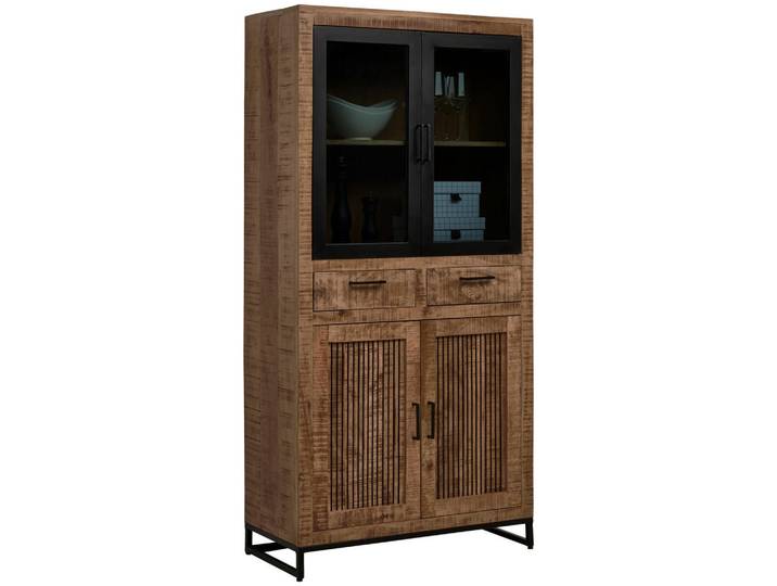 Carryhome Vitrine, Natur, Hellbraun, Metall, Mangoholz, massiv, Holz, 2 Fächer, 2 Schublade(n) Schubladen, 90x180x40 cm, Beimöbel erhältlich, stehend, handgemacht, Wohnzimmer, Wohnwände, Vitrinenschränke