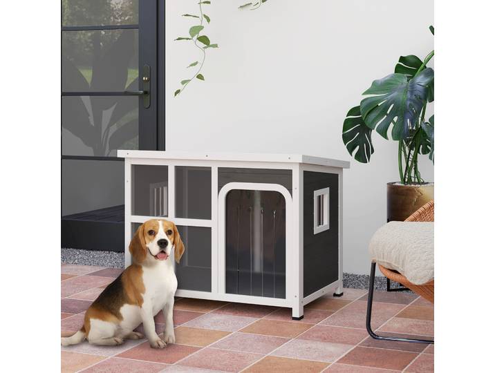 PawHut Niche Bois Sapin 90x62x71cm Fenêtres Rideau Gris