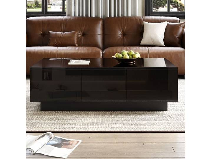 Table basse - DREAMMESPACE - Rectangulaire - 100x50x31cm - Noir - Brillant - Rangement intégré