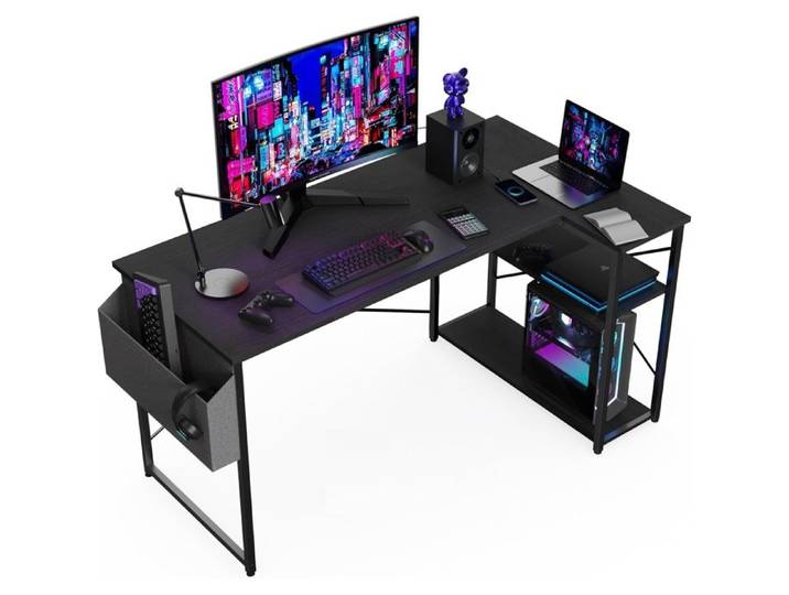 Bureau - BEXEVUE - E10011040B - 100x50x75 cm - Angle réversible - Étagère de rangement - Noir