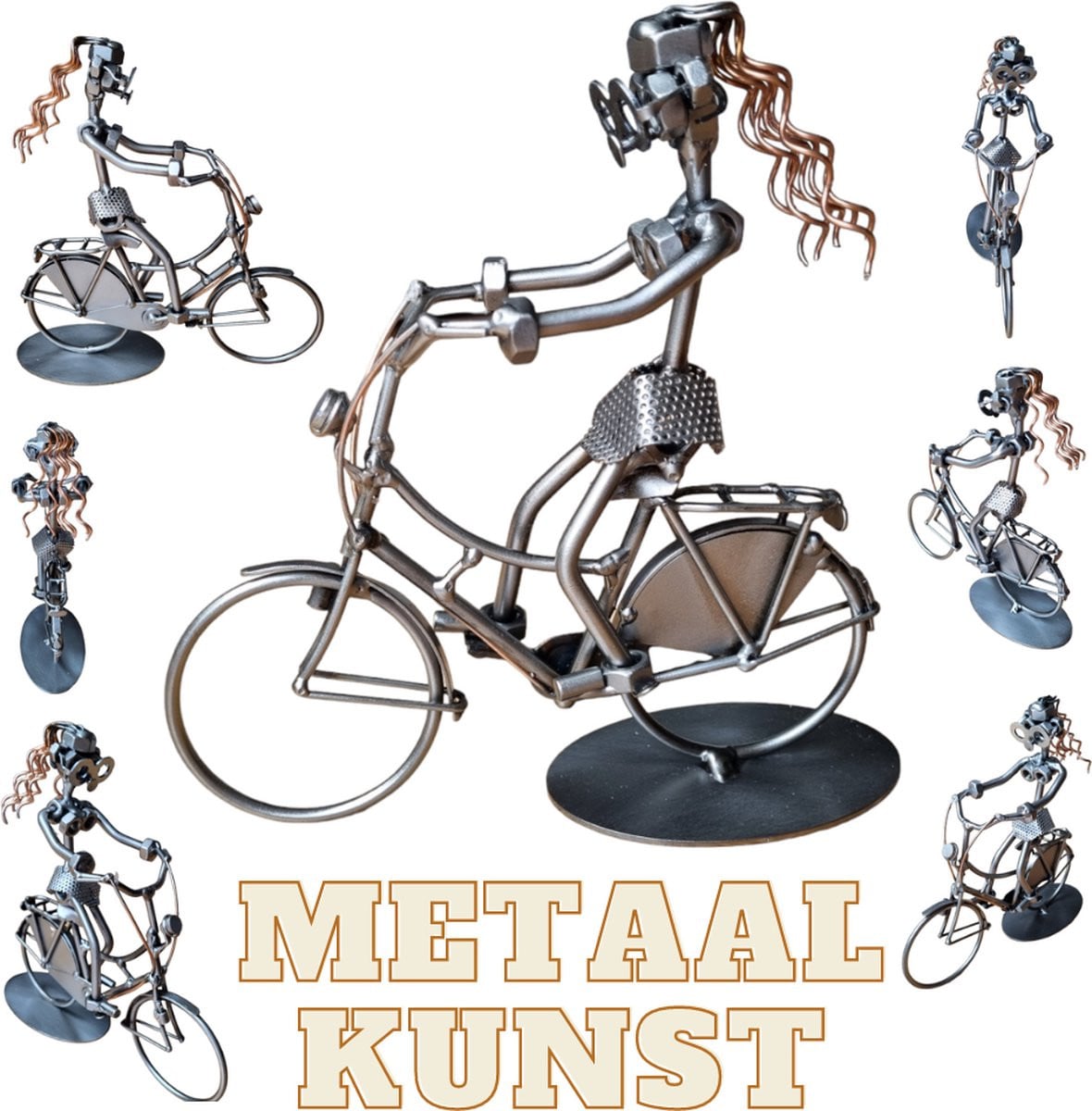 Uniek metalen beeld van een fietser als decoratief tafelornament