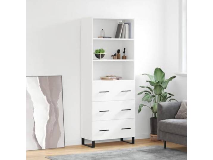 Elegantes Aufbewahrungsmöbel als Raumteiler: Stilvolles Highboard in Weiß aus Holzwerkstoff fürs Wohnzimmer mit Metallfüßen und Türen, bietet viel Stauraum und benötigt