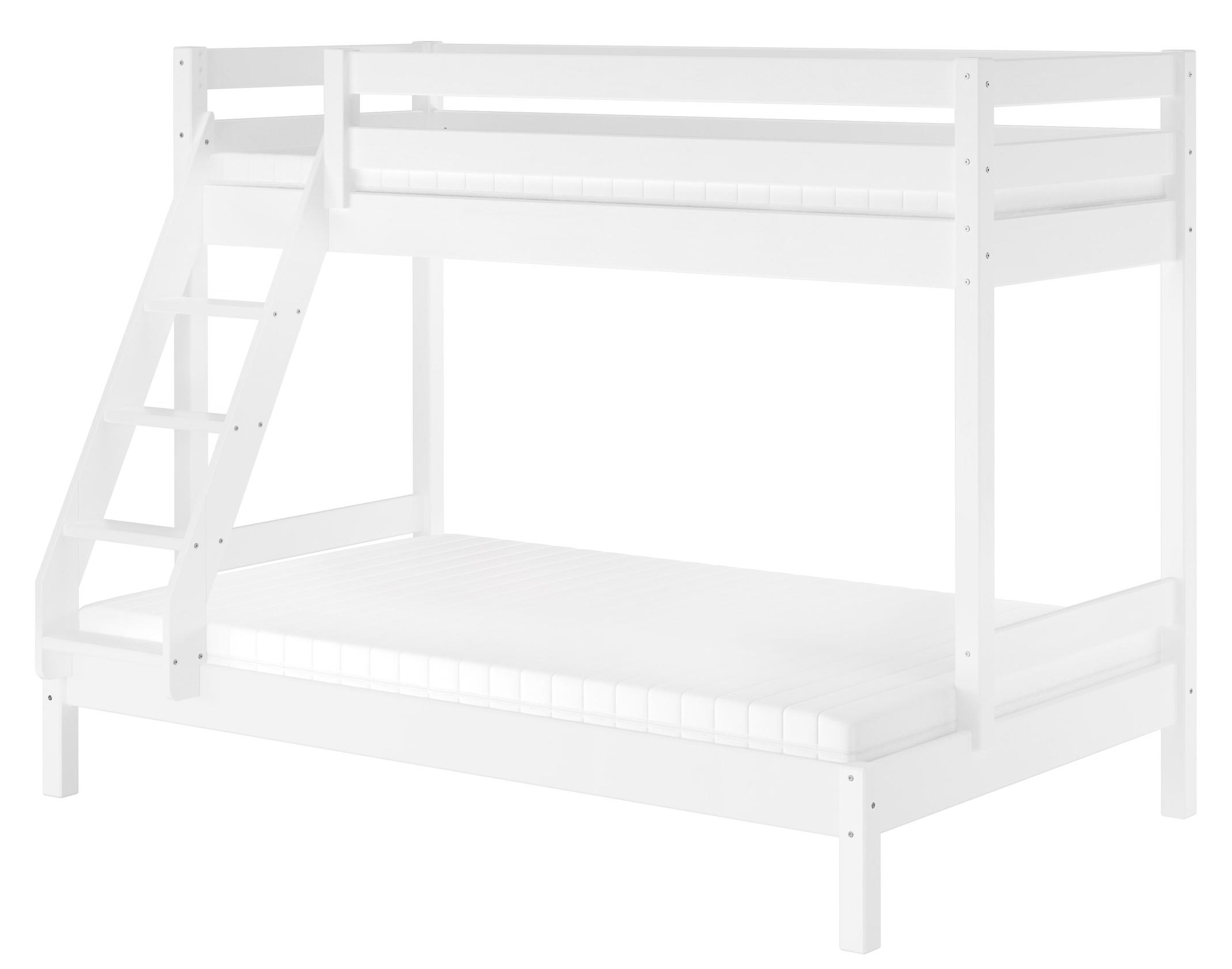 Doppel-Etagenbett 120x200 und 80x200 Erwachsenen-Stockbett Kiefer Massivholz weiß V-60.18W-08-12Rollrost und Matratze inkl.