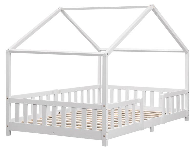 Kinderbett 120x200 cm - Massivholz aus Kiefer, mit Schutzgitter und Hausdesign