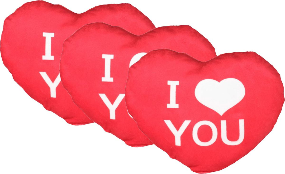Kruger Sierkussentje Valentijn - Set van 3 - I Love You - Hartvorm - Rood - 25 cm