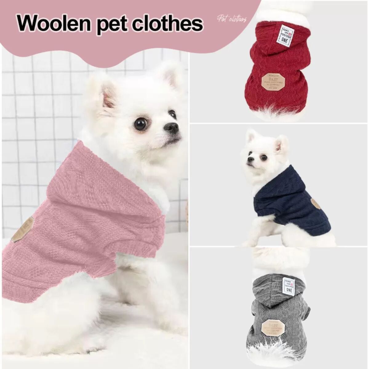 INF Gestrickter Woll-Hoodie für Haustiere – Winterwärme und Stil L Rosa