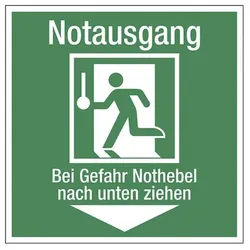 LimarLite Rettungszeichen »Notausgang - Bei Gefahr Nothebel nach unten ziehen« 20 x 20 cm, 20x20 cm