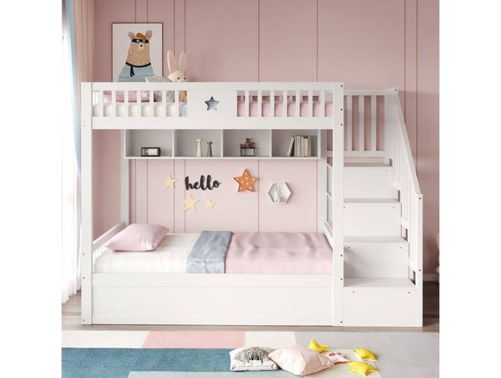 Lit Superpose 140x200 avec Coffre Hydraulique Escalier 4 tiroirs Etageres Barrieres Securite Lit Mezzanine Adulte/Enfant Blanc