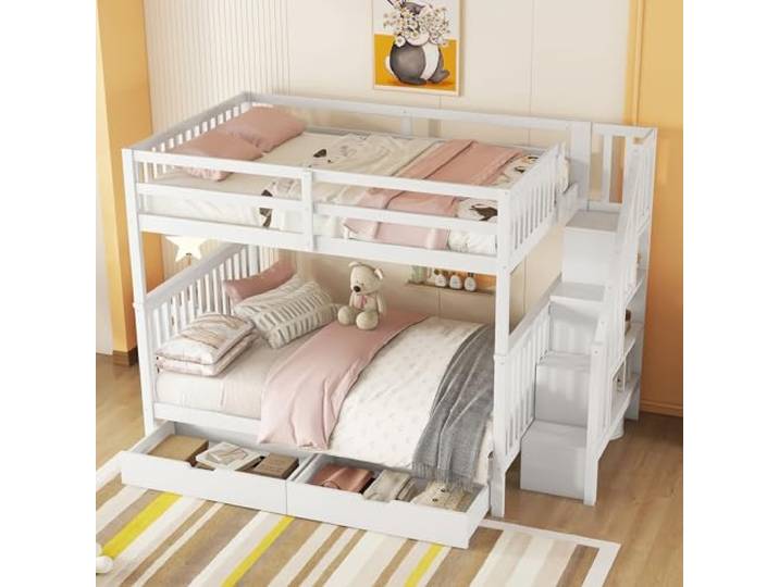boorbin 140 * 200cm Etagenbett, Treppenregal, ausgestattet mit Zwei Schubladen, hohe Geländer, EN747-1 Zertifiziert (Weiß-1)