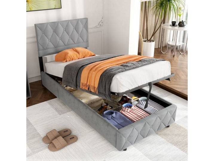 Lit coffre 90x200 cm enfant avec coffre hydraulique tête de lit réglable velours gris