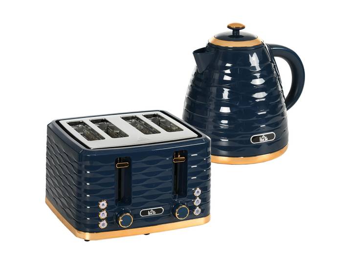 Homcom Kocher-Toaster-Set 2er Set Kunststoff Stahl Blau, 19.5x23.2x24.1 cm, Kochgeschirr, Küchengeräte, Wasserkocher