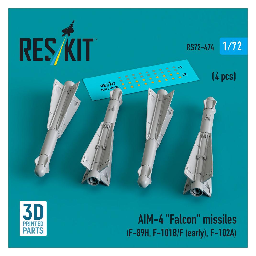 ResKit AIM-4 Falcon missiles (4 pcs) (F-89H, F-101B/F (early), F-102A) (3D Printed) (RS72-0474)