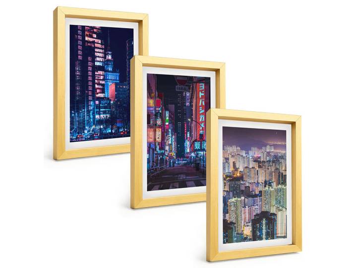 Tulup Bilder SET 3er Set - 20x30 cm Goldrahmen - Neonlichter der nächtlichen Stadt, Goldfarben, Kunststoff, Rechteckig, 20x30 cm, Fotografie, Bilder & Rahmen, Bilder