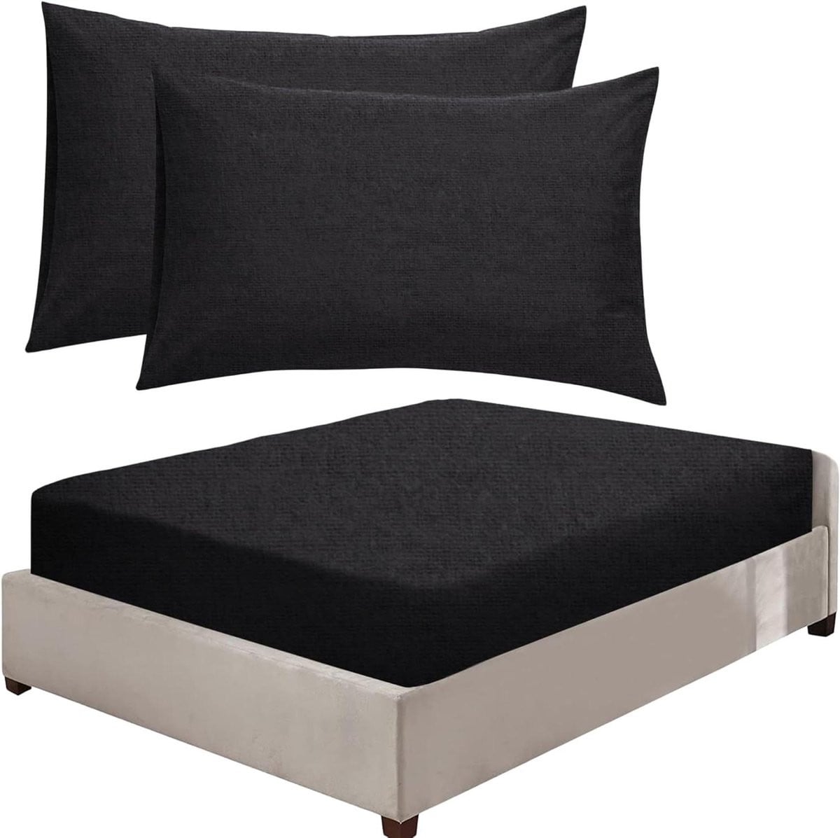 Zwart Flanel Hoeslaken en Molton Onderlaken voor Warm Slapen, Extra Diep 40 cm, 90 x 190 cm