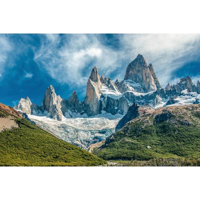 Fototapete PAPERMOON "GEBIRGE-PATAGONIEN BLUMEN BERGE WIESE SONNE WALD FLUSS", bunt, B:3m L:2,23m, Vlies, Tapeten