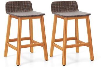 Costway Solid Acacia Wood Bar Stools Set of 2 with Backrests and Footrests for Porch-Brown