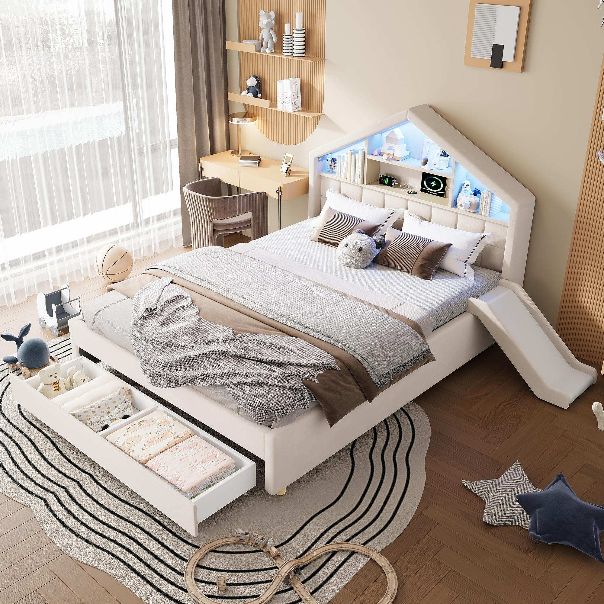 okwish Kinderbett 140×200 mit Matratze und Rutsche,Einzelbett mit LED,Kopfteil-Regal und Schubladen,Polsterbett mit Ladeanschluss,Beige