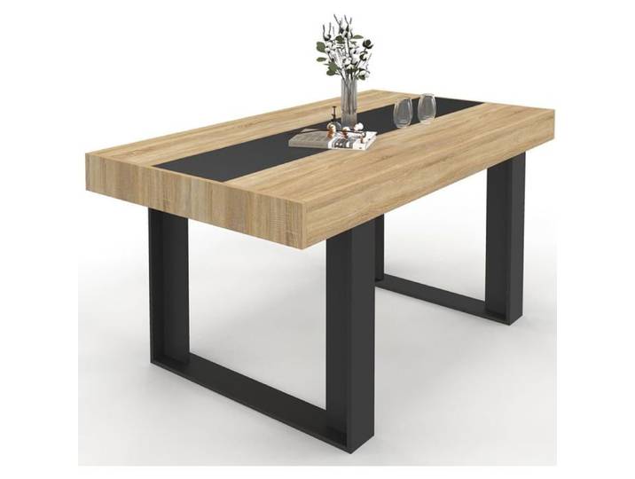 IDMarket Table à manger Phoenix 160 cm bois et noir 6 personnes bande centrale noire