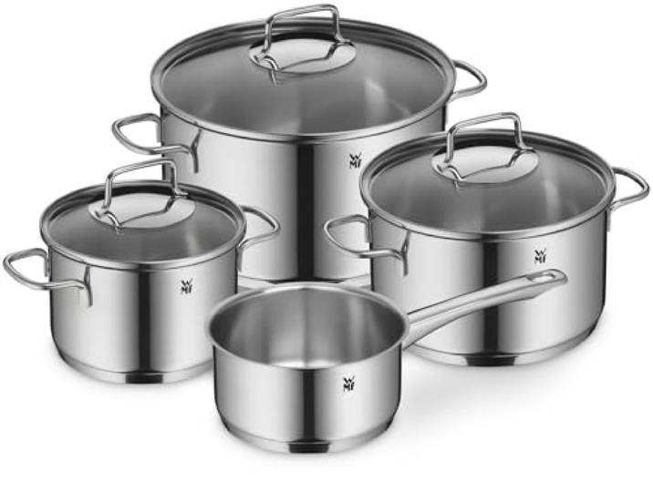 WMF Astoria Kochgeschirr-Set, 4-teilig, hohe Kochtöpfe mit Deckel (16/24 cm), niedriger Kochtopf mit Deckel (20 cm), Stielkasserolle (16 cm), Cromargan Edelstahl poliert, induktionsgeeignet