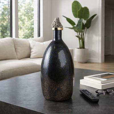 Sagebrook Home Glass Decorative Vase Metal Brass Accents with Sculptural Topper