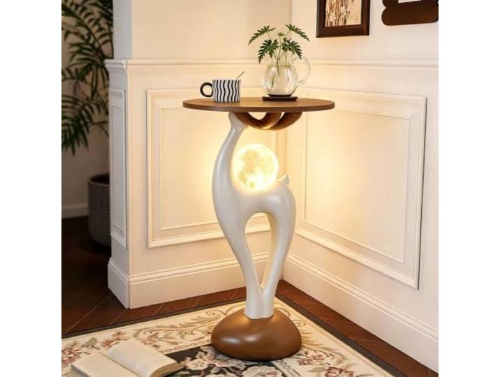 KAFHGEIN Runder Beistelltisch mit Mondförmigem LED-Licht für das Sofa Moderner Beistelltisch mit mondförmigem LED-Licht für Sofa, Leseecke, Schlafzimmer und kleine Räume