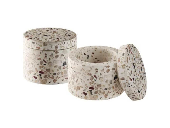 APS 15917 Boîte TERRAZZO\, lot de 2 - béton\, Ø 6 cm\, H : 5 cm\, aspect terrazzo\, pièce unique
