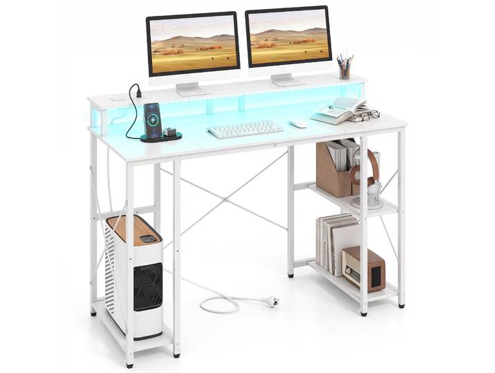 Computertafel met LED Verlichting Stopcontacten en Monitorstandaard Wit