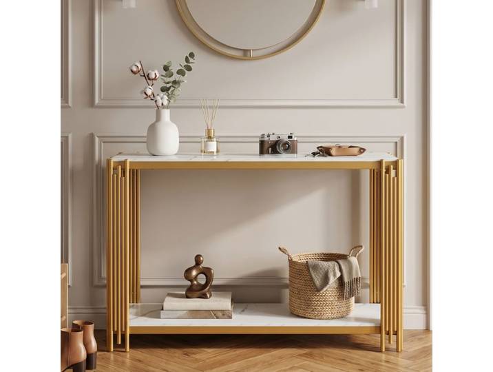 Console - ZEVKOR - Console 2 Tablettes Aspect Marbre Blanc - MDF aspect marbre - Structure métal doré - 123 5×33 5×80 cm